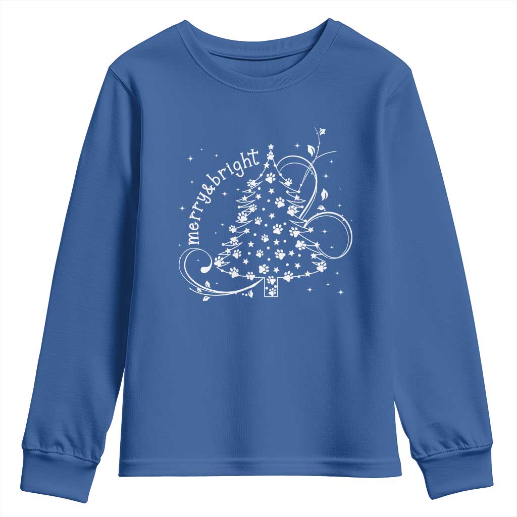 Christmas Dog Youth Sweatshirt Merry & Bright Cute Xmas Tree with Paws Gift for Dog Lover TS10 Royal Blue Print Your Wear