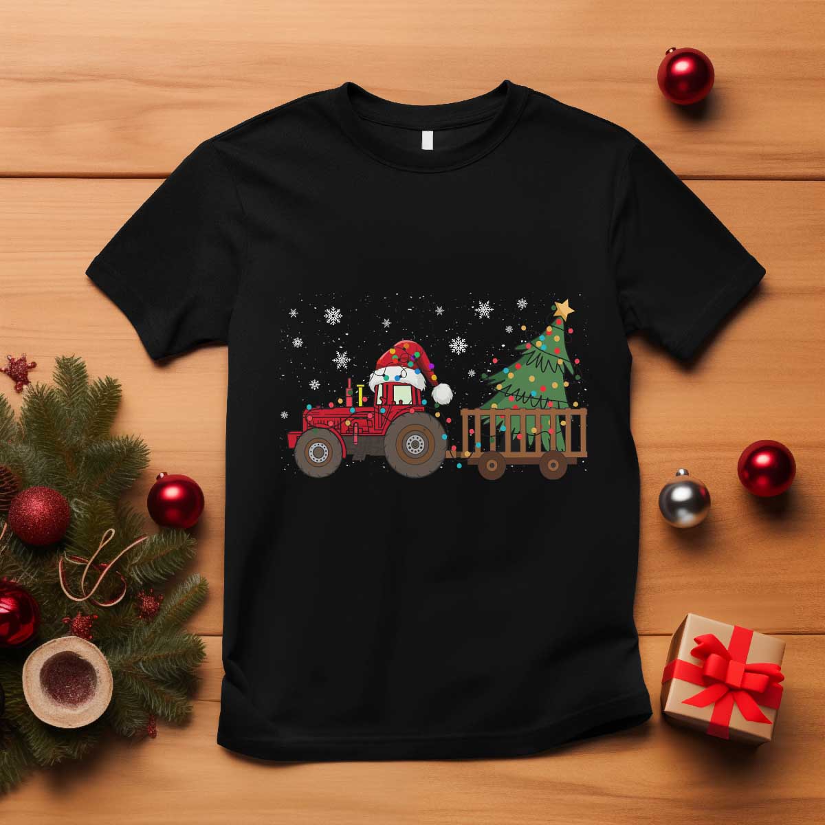 Tractor Christmas T Shirt Tree Lights Farmer Xmas Gift for Tractor Drivers TS10 Black Print Your Wear