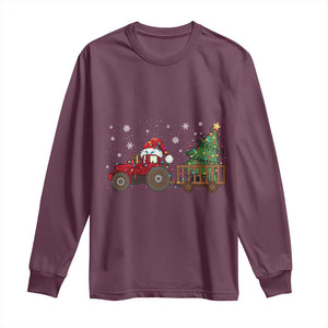 Tractor Christmas Long Sleeve Shirt Tree Lights Farmer Xmas Gift for Tractor Drivers TS10 Maroon Print Your Wear