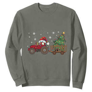 Tractor Christmas Sweatshirt Tree Lights Farmer Xmas Gift for Tractor Drivers TS10 Military Green Print Your Wear