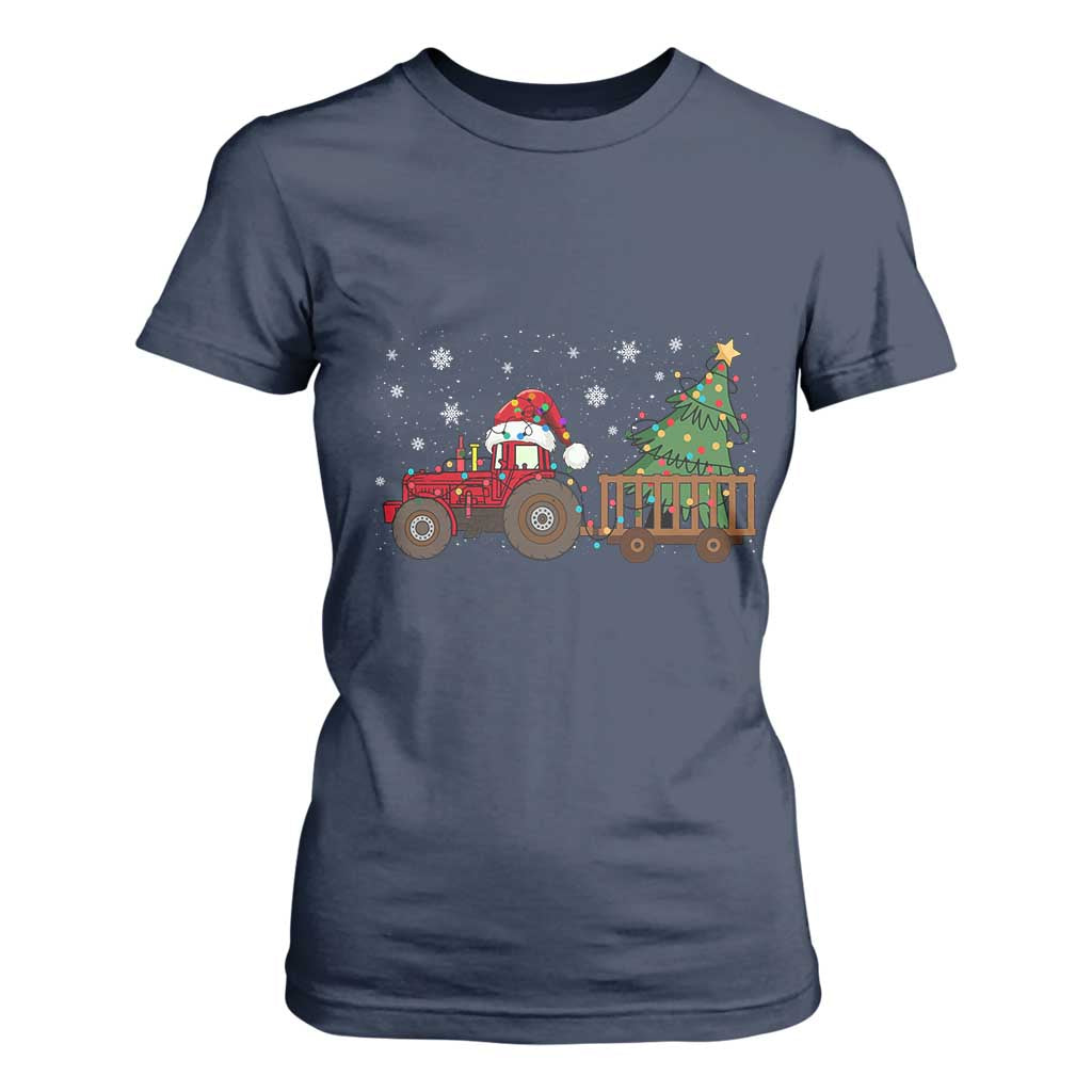 Tractor Christmas T Shirt For Women Tree Lights Farmer Xmas Gift for Tractor Drivers TS10 Navy Print Your Wear