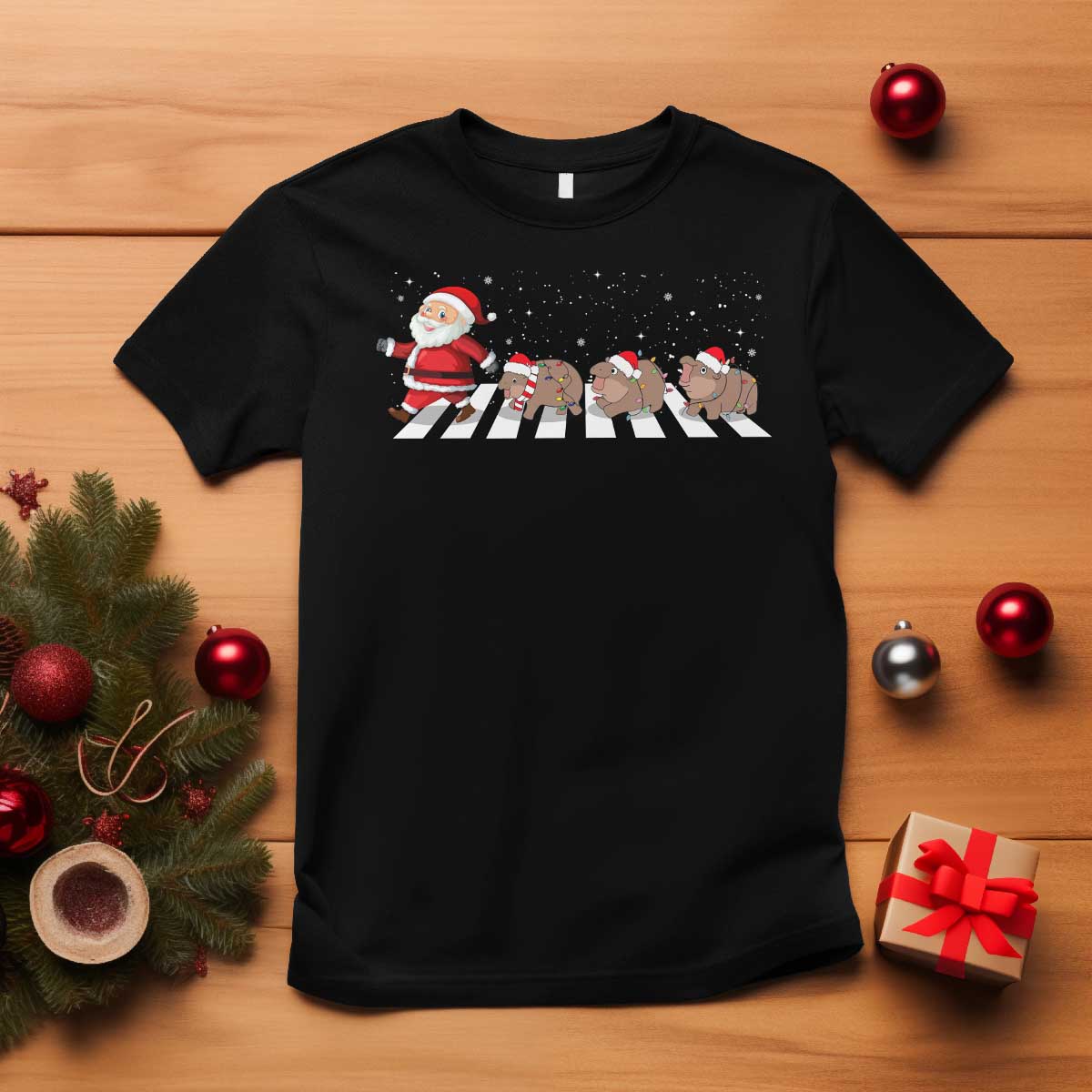 Christmas Moo Deng T Shirt Santa Baby Pygmy Hippo Trendy Xmas TS10 Black Print Your Wear