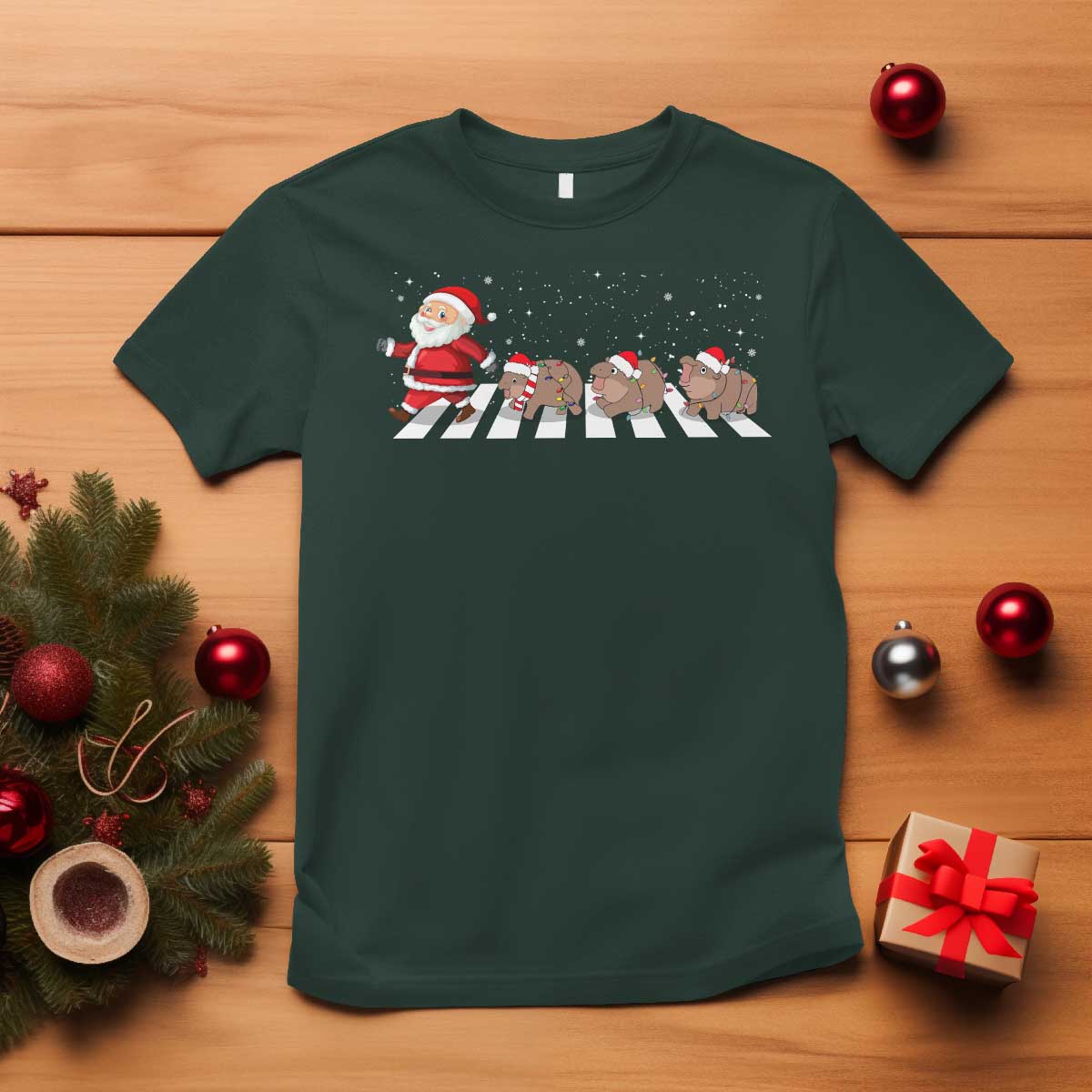 Christmas Moo Deng T Shirt Santa Baby Pygmy Hippo Trendy Xmas TS10 Dark Forest Green Print Your Wear