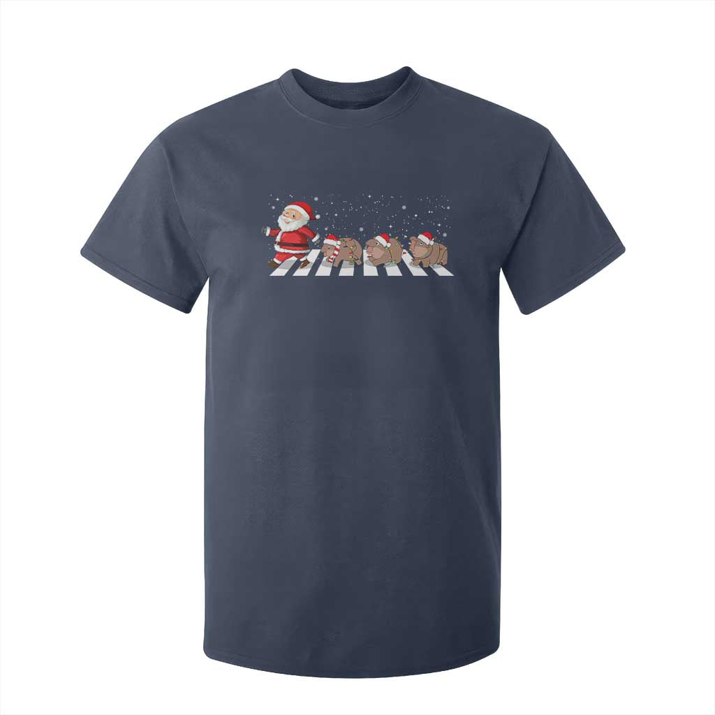 Christmas Moo Deng T Shirt For Kid Santa Baby Pygmy Hippo Trendy Xmas TS10 Navy Print Your Wear