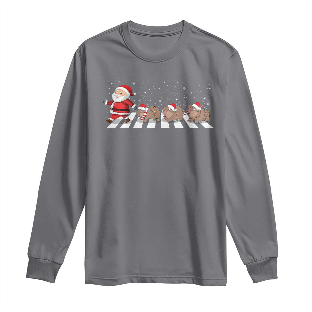 Christmas Moo Deng Long Sleeve Shirt Santa Baby Pygmy Hippo Trendy Xmas TS10 Charcoal Print Your Wear