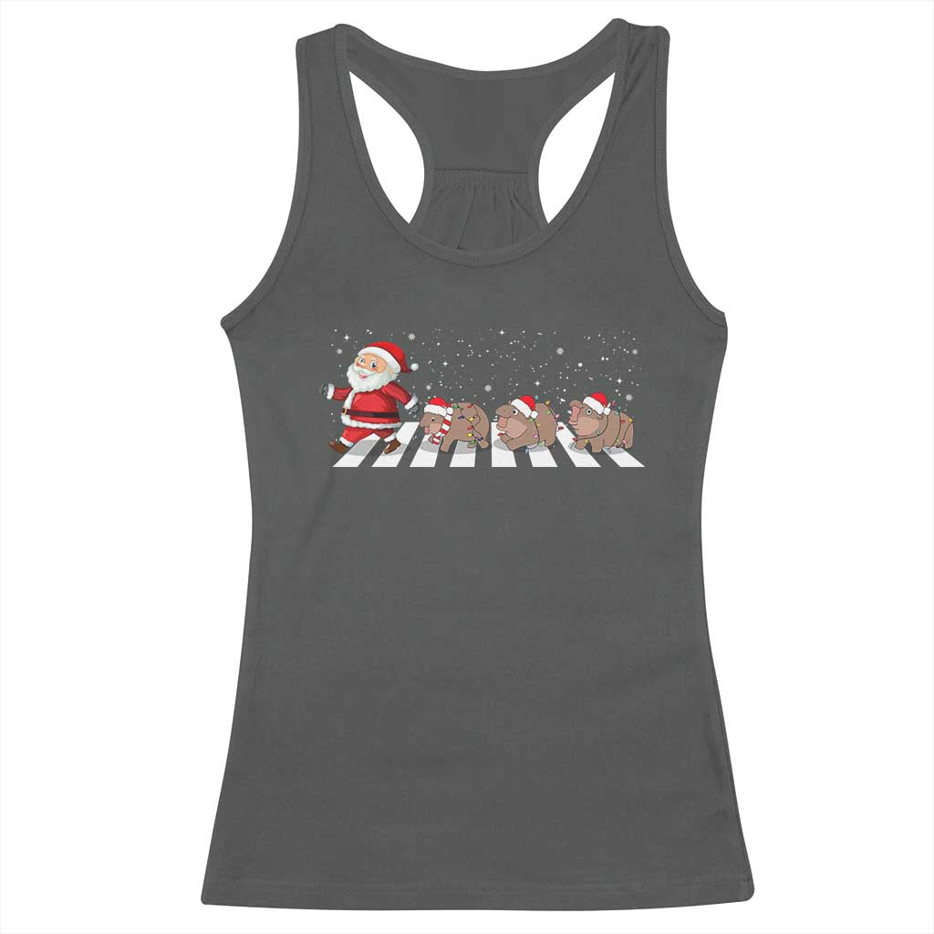 Christmas Moo Deng Racerback Tank Top Santa Baby Pygmy Hippo Trendy Xmas TS10 Dark Heather Print Your Wear