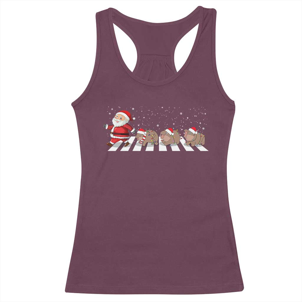 Christmas Moo Deng Racerback Tank Top Santa Baby Pygmy Hippo Trendy Xmas TS10 Maroon Print Your Wear
