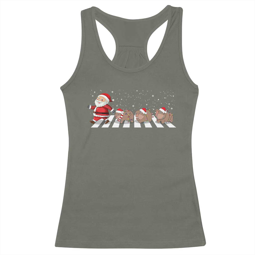 Christmas Moo Deng Racerback Tank Top Santa Baby Pygmy Hippo Trendy Xmas TS10 Military Green Print Your Wear