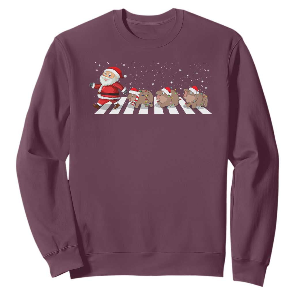 Christmas Moo Deng Sweatshirt Santa Baby Pygmy Hippo Trendy Xmas TS10 Maroon Print Your Wear