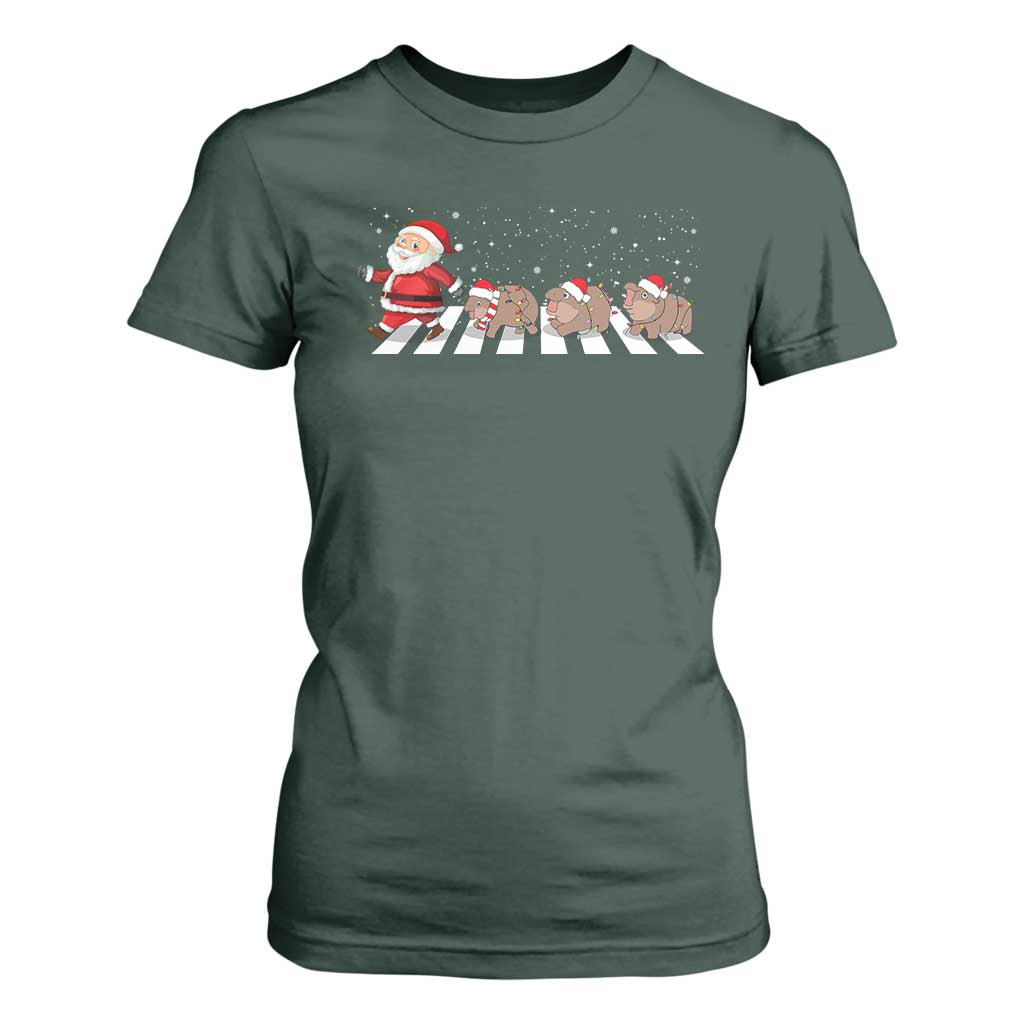Christmas Moo Deng T Shirt For Women Santa Baby Pygmy Hippo Trendy Xmas TS10 Dark Forest Green Print Your Wear