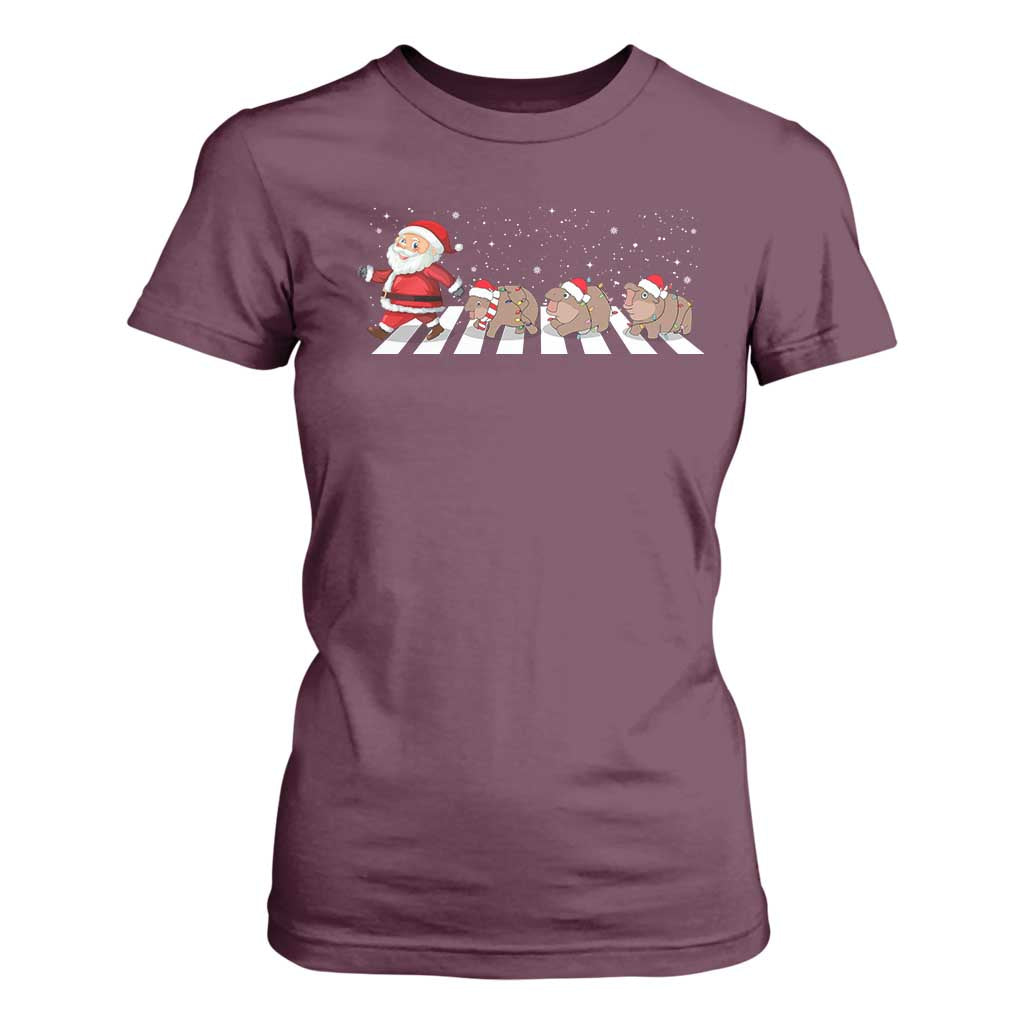 Christmas Moo Deng T Shirt For Women Santa Baby Pygmy Hippo Trendy Xmas TS10 Maroon Print Your Wear