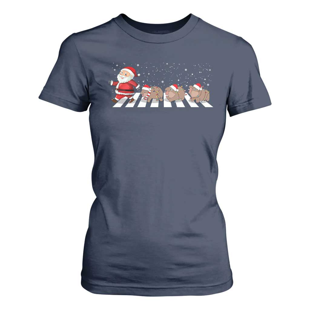 Christmas Moo Deng T Shirt For Women Santa Baby Pygmy Hippo Trendy Xmas TS10 Navy Print Your Wear