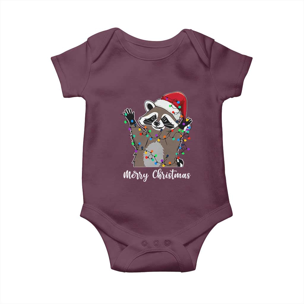 Merry Christmas Raccoon Baby Onesie Happy Holidays Gift Animal Xmas Lights Red Santa Hat TS10 Maroon Print Your Wear