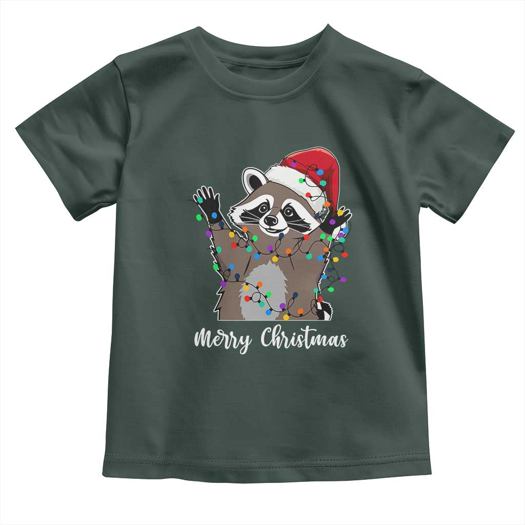 Merry Christmas Raccoon Baby Shirt Happy Holidays Gift Animal Xmas Lights Red Santa Hat TS10 Dark Forest Green Print Your Wear