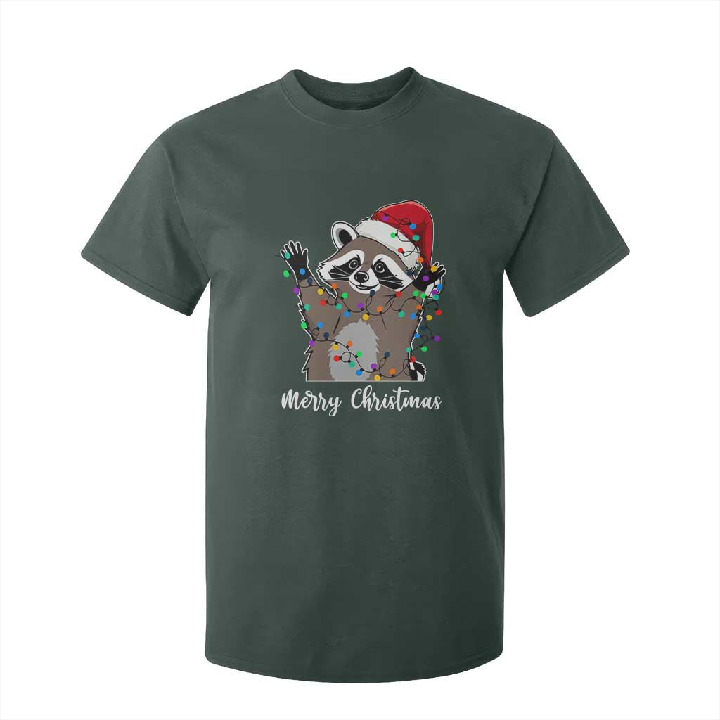 Merry Christmas Raccoon T Shirt For Kid Happy Holidays Gift Animal Xmas Lights Red Santa Hat TS10 Dark Forest Green Print Your Wear