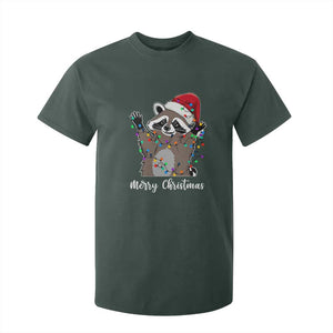 Merry Christmas Raccoon T Shirt For Kid Happy Holidays Gift Animal Xmas Lights Red Santa Hat TS10 Dark Forest Green Print Your Wear