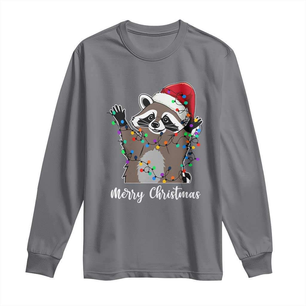 Merry Christmas Raccoon Long Sleeve Shirt Happy Holidays Gift Animal Xmas Lights Red Santa Hat TS10 Charcoal Print Your Wear