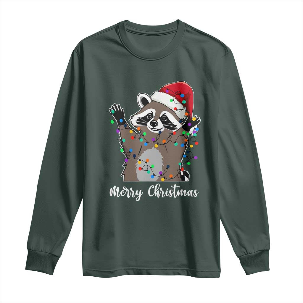 Merry Christmas Raccoon Long Sleeve Shirt Happy Holidays Gift Animal Xmas Lights Red Santa Hat TS10 Dark Forest Green Print Your Wear