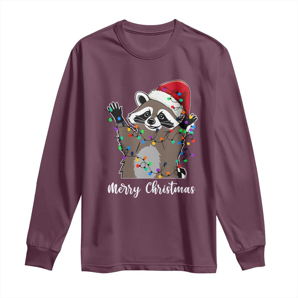 Merry Christmas Raccoon Long Sleeve Shirt Happy Holidays Gift Animal Xmas Lights Red Santa Hat TS10 Maroon Print Your Wear