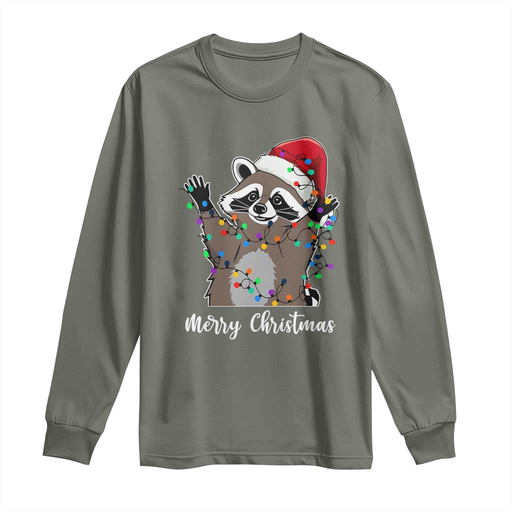 Merry Christmas Raccoon Long Sleeve Shirt Happy Holidays Gift Animal Xmas Lights Red Santa Hat TS10 Military Green Print Your Wear