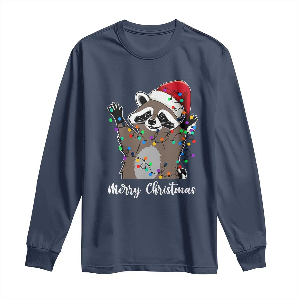 Merry Christmas Raccoon Long Sleeve Shirt Happy Holidays Gift Animal Xmas Lights Red Santa Hat TS10 Navy Print Your Wear
