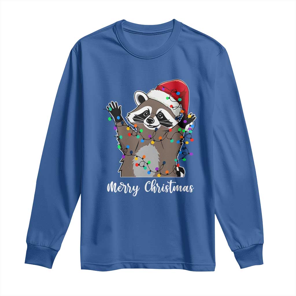 Merry Christmas Raccoon Long Sleeve Shirt Happy Holidays Gift Animal Xmas Lights Red Santa Hat TS10 Royal Blue Print Your Wear
