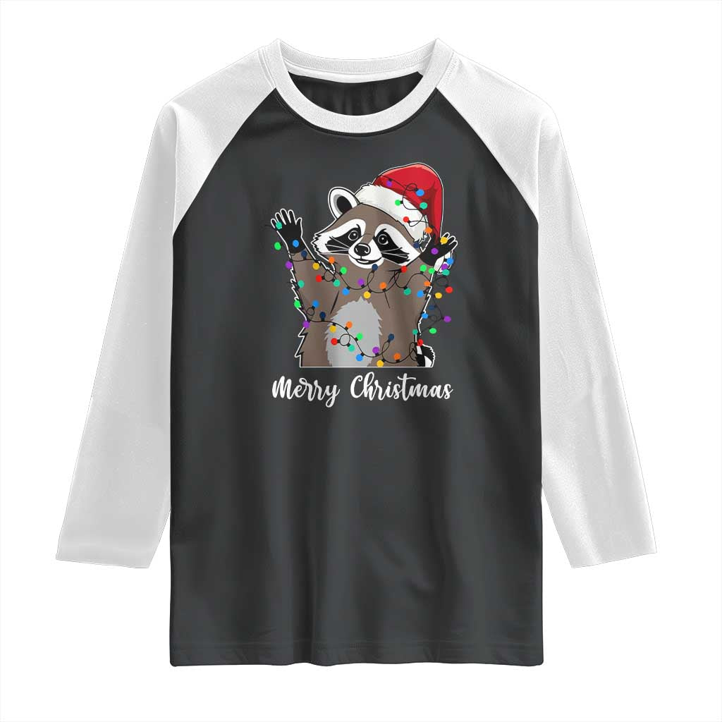 Merry Christmas Raccoon Raglan Shirt Happy Holidays Gift Animal Xmas Lights Red Santa Hat TS10 Black White Print Your Wear