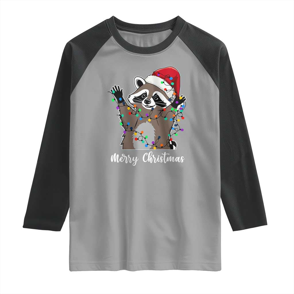 Merry Christmas Raccoon Raglan Shirt Happy Holidays Gift Animal Xmas Lights Red Santa Hat TS10 Sport Gray Black Print Your Wear