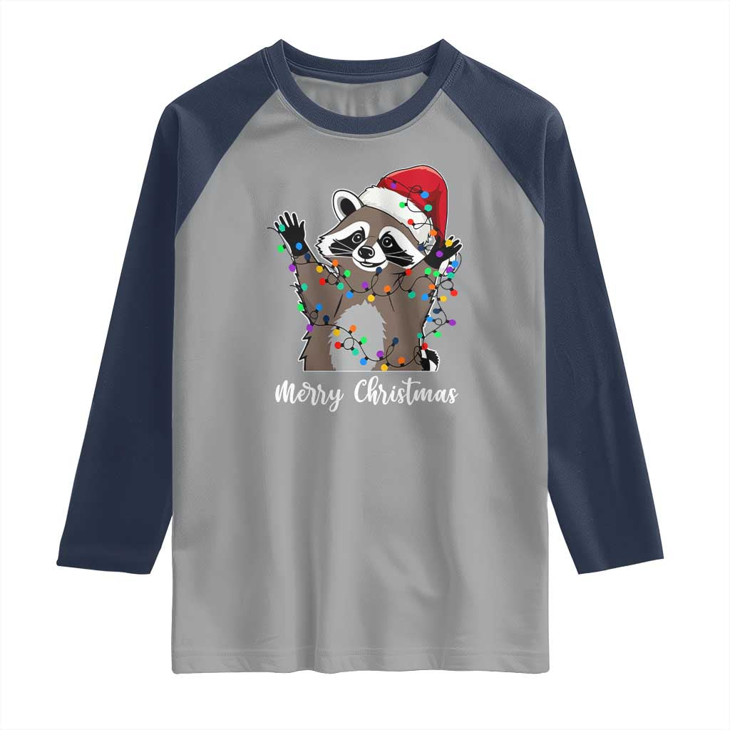 Merry Christmas Raccoon Raglan Shirt Happy Holidays Gift Animal Xmas Lights Red Santa Hat TS10 Sport Gray Navy Print Your Wear