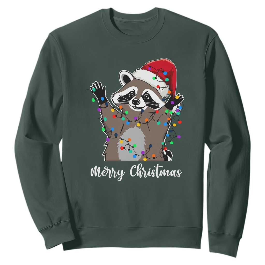 Merry Christmas Raccoon Sweatshirt Happy Holidays Gift Animal Xmas Lights Red Santa Hat TS10 Dark Forest Green Print Your Wear