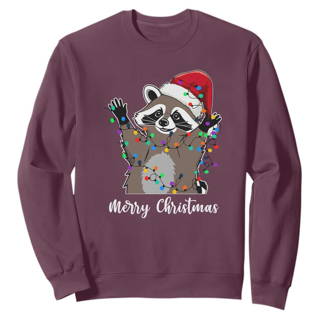 Merry Christmas Raccoon Sweatshirt Happy Holidays Gift Animal Xmas Lights Red Santa Hat TS10 Maroon Print Your Wear