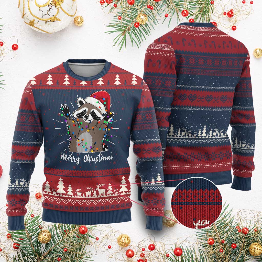 Merry Xmas Raccoon Ugly Christmas Sweater Happy Holidays Gift Animal Red Santa Hat TS10 Burgundy Print Your Wear