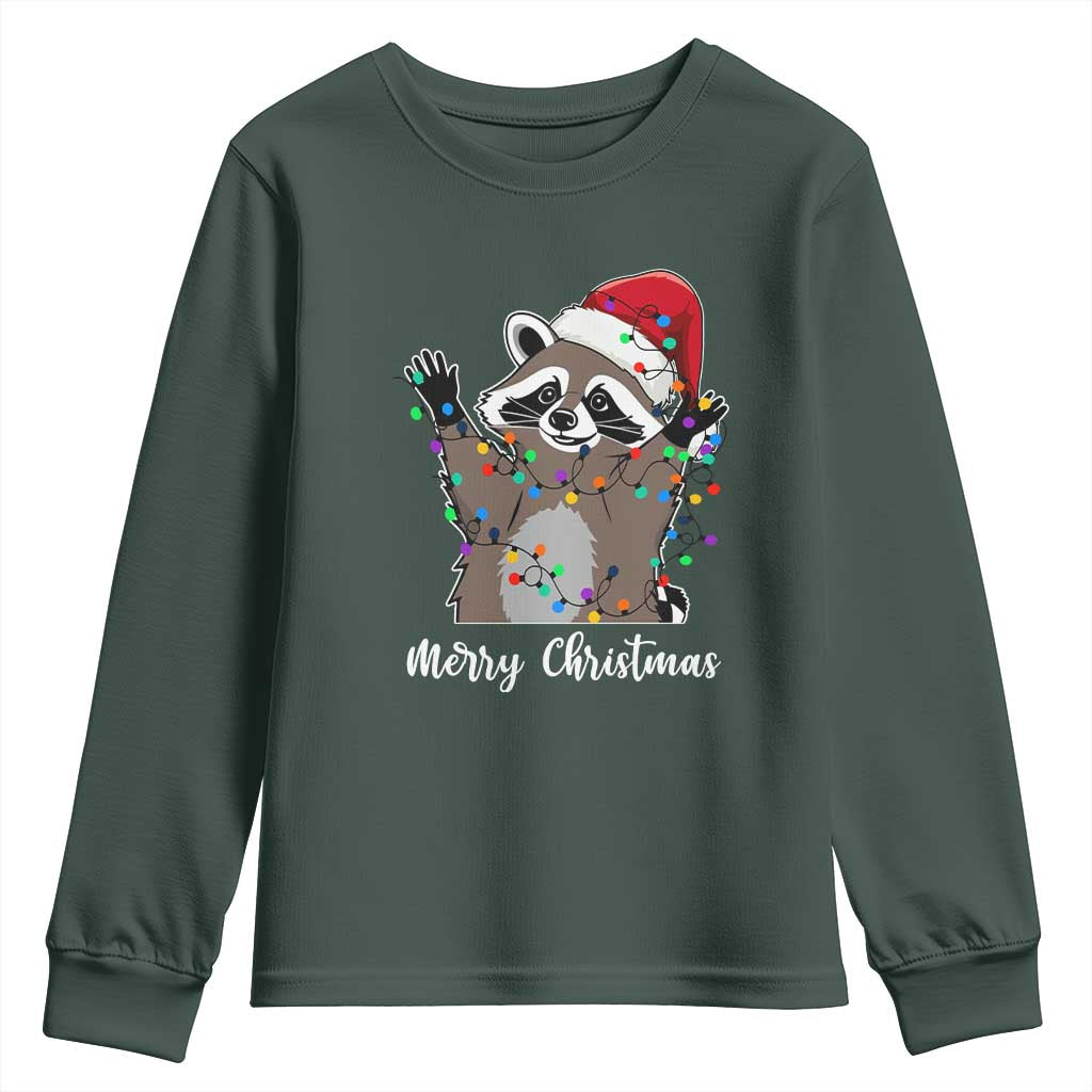 Merry Christmas Raccoon Youth Sweatshirt Happy Holidays Gift Animal Xmas Lights Red Santa Hat TS10 Dark Forest Green Print Your Wear