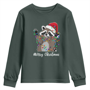Merry Christmas Raccoon Youth Sweatshirt Happy Holidays Gift Animal Xmas Lights Red Santa Hat TS10 Dark Forest Green Print Your Wear