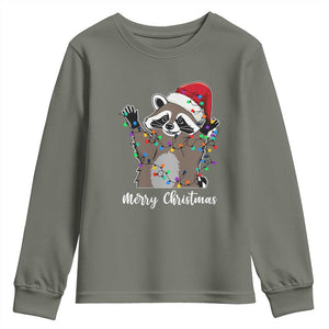 Merry Christmas Raccoon Youth Sweatshirt Happy Holidays Gift Animal Xmas Lights Red Santa Hat TS10 Military Green Print Your Wear