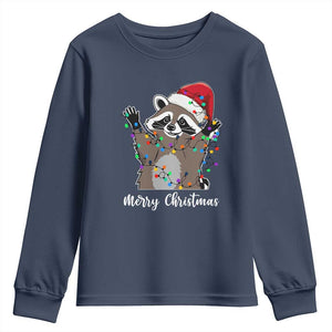 Merry Christmas Raccoon Youth Sweatshirt Happy Holidays Gift Animal Xmas Lights Red Santa Hat TS10 Navy Print Your Wear