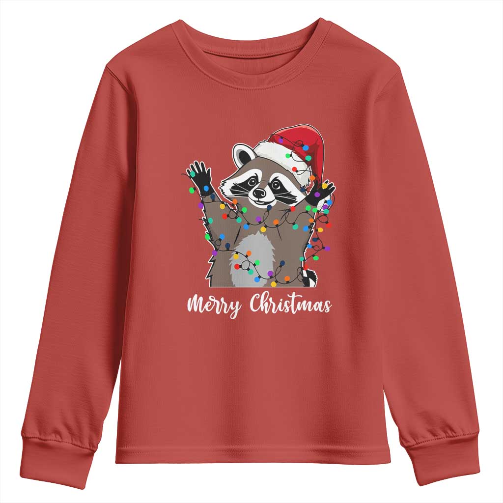 Merry Christmas Raccoon Youth Sweatshirt Happy Holidays Gift Animal Xmas Lights Red Santa Hat TS10 Red Print Your Wear