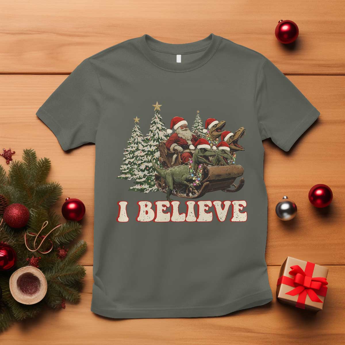 Christmas Santa T Shirt Riding Dinosaur T rex Boys Men Girls Believe Xmas Squad TS10 Military Green Print Your Wear