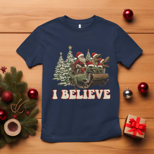 Christmas Santa T Shirt Riding Dinosaur T rex Boys Men Girls Believe Xmas Squad TS10 Navy Print Your Wear