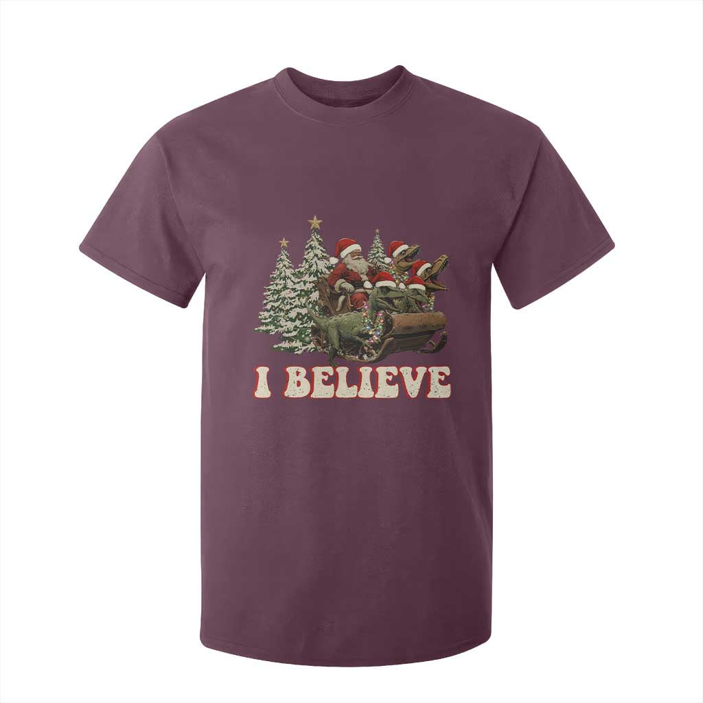 Christmas Santa T Shirt For Kid Riding Dinosaur T rex Boys Men Girls Believe Xmas Squad TS10 Maroon Print Your Wear