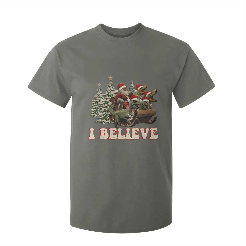 Christmas Santa T Shirt For Kid Riding Dinosaur T rex Boys Men Girls Believe Xmas Squad TS10 Military Green Print Your Wear