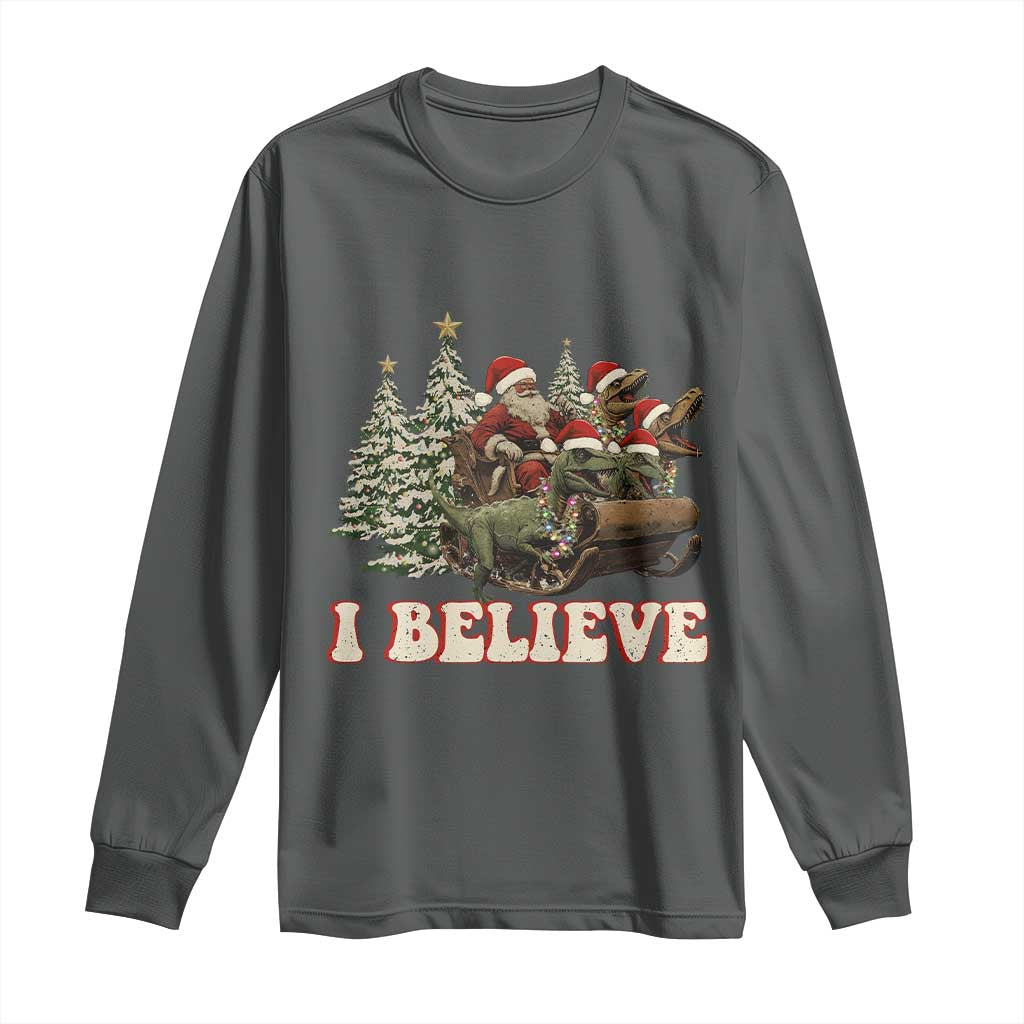 Christmas Santa Long Sleeve Shirt Riding Dinosaur T rex Boys Men Girls Believe Xmas Squad TS10 Dark Heather Print Your Wear