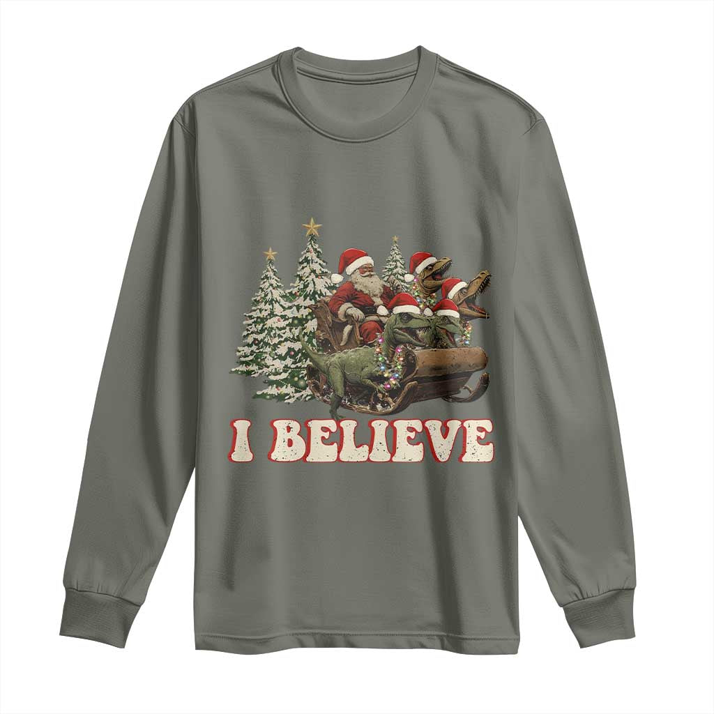 Christmas Santa Long Sleeve Shirt Riding Dinosaur T rex Boys Men Girls Believe Xmas Squad TS10 Military Green Print Your Wear
