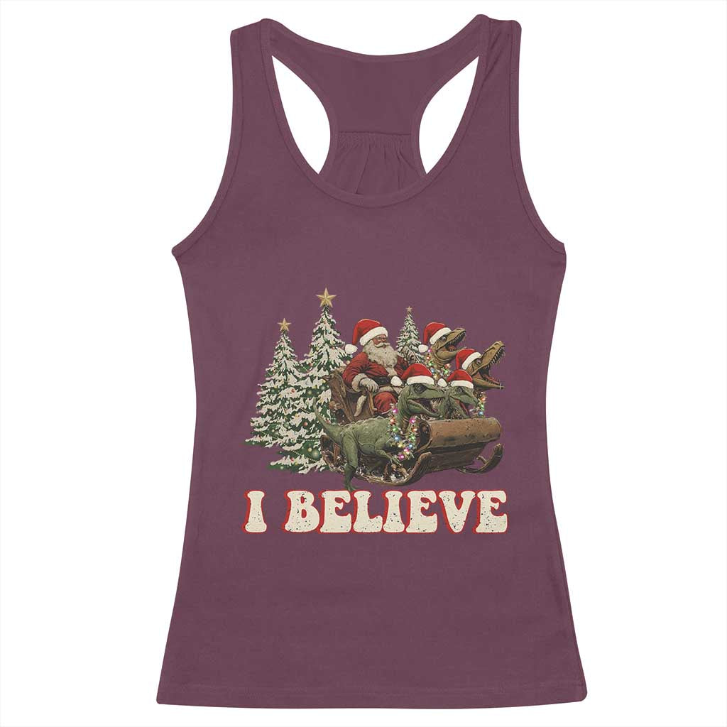 Christmas Santa Racerback Tank Top Riding Dinosaur T rex Boys Men Girls Believe Xmas Squad TS10 Maroon Print Your Wear