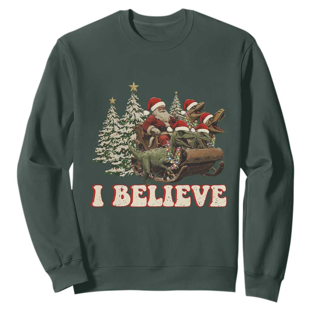 Christmas Santa Sweatshirt Riding Dinosaur T rex Boys Men Girls Believe Xmas Squad TS10 Dark Forest Green Print Your Wear