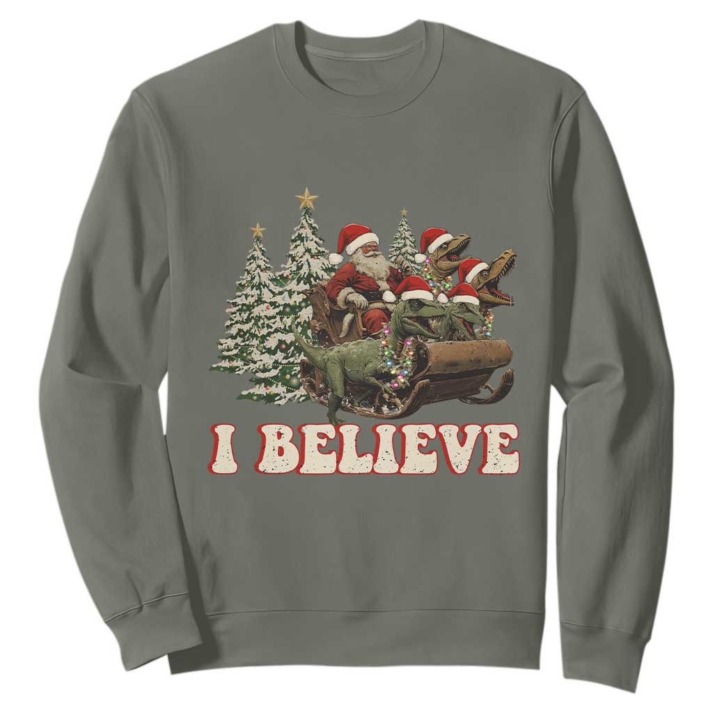Christmas Santa Sweatshirt Riding Dinosaur T rex Boys Men Girls Believe Xmas Squad TS10 Military Green Print Your Wear