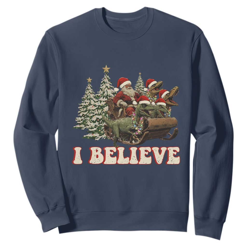 Christmas Santa Sweatshirt Riding Dinosaur T rex Boys Men Girls Believe Xmas Squad TS10 Navy Print Your Wear