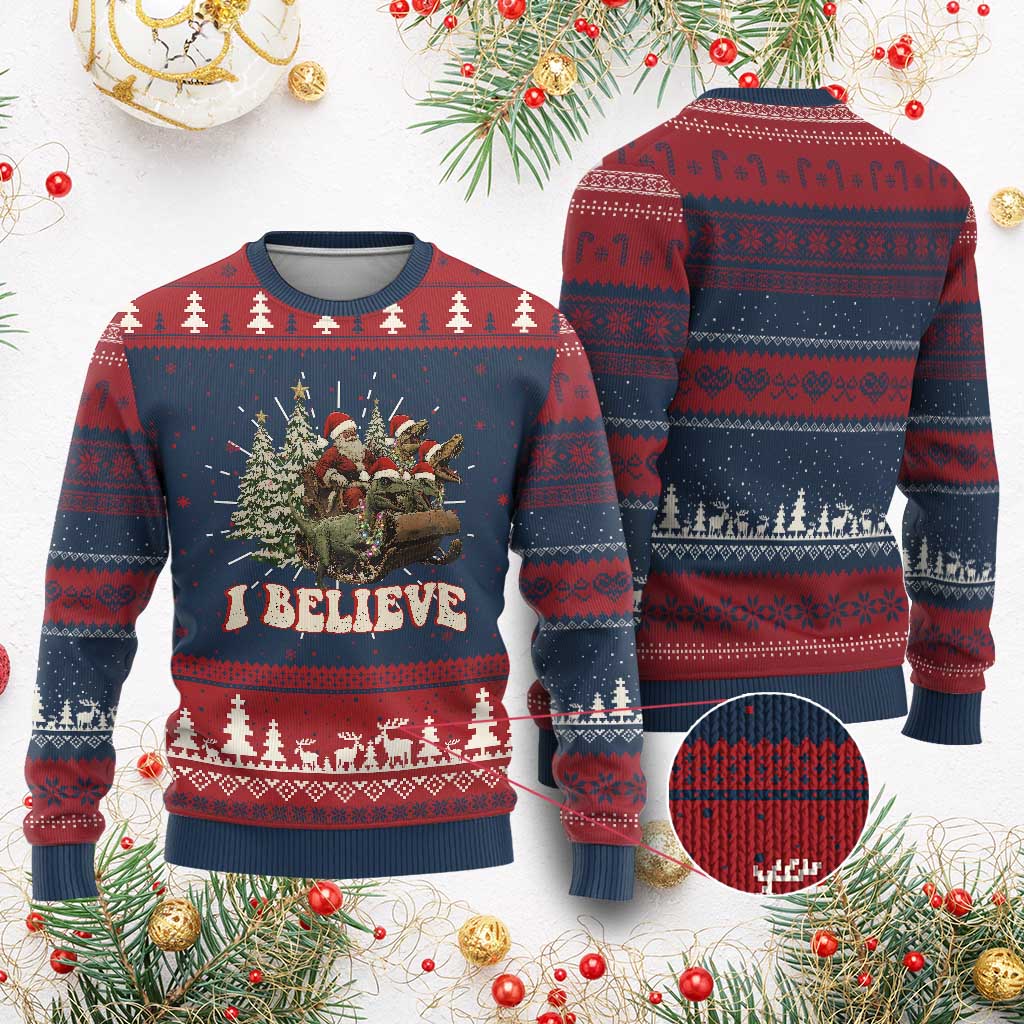Christmas Santa Knit Sweatshirt Riding Dinosaur T rex Boys Men Girls Believe Xmas Squad - Print Your Wear