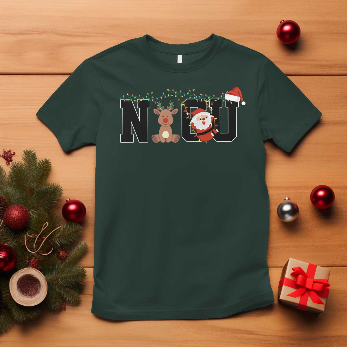 Christmas NICU Nurse T Shirt Cute Reindeer Student Xmas Gift TS10 Dark Forest Green Print Your Wear