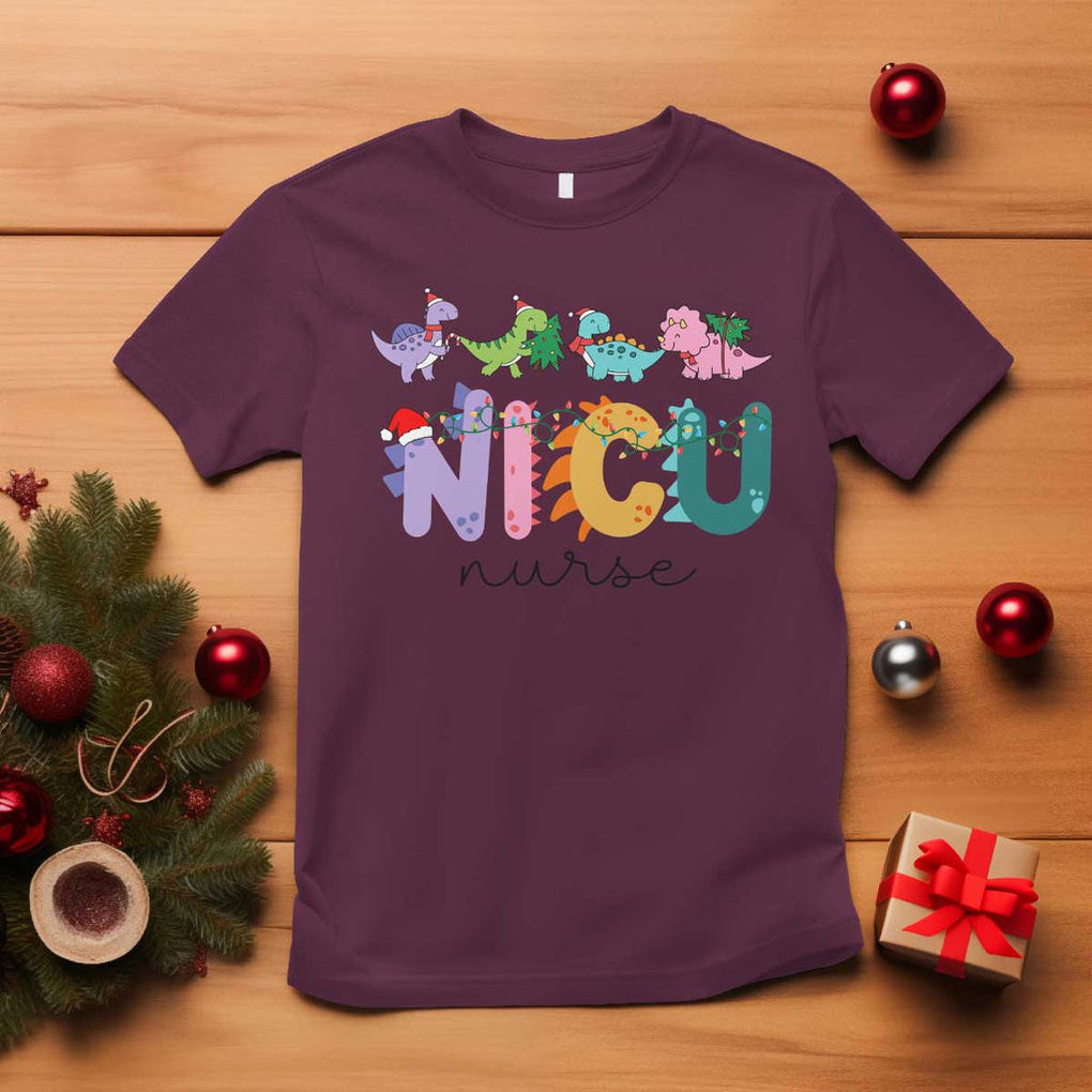 NICU Nurse Christmas T Shirt Xmas Light Neonatal Intensive Care Unit Nurse Appreciation Gift Dinosaur TS10 Maroon Print Your Wear